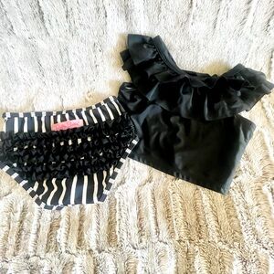 RuffleButts Black & White Striped Ruffled Tankini 3T
